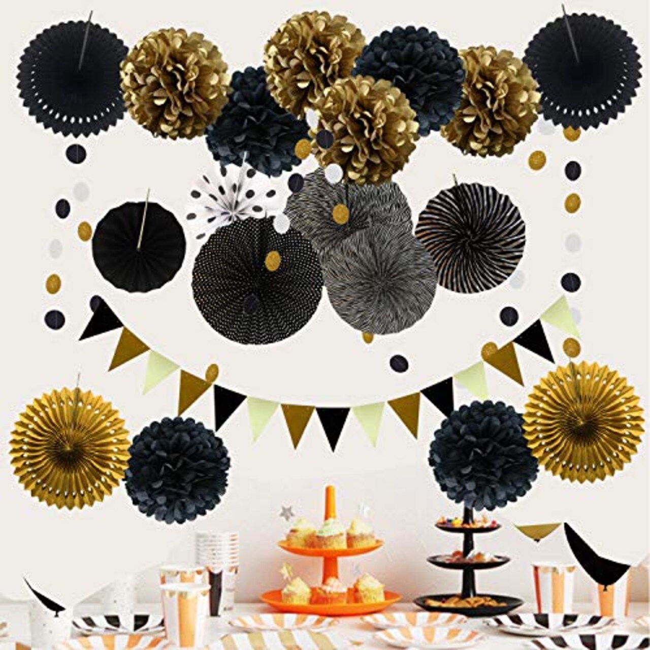 21 Pieces Party Decoration, Black and Gold Hanging Paper Fans, Pom Poms Flowers, Garlands String Polka Dot and Triangle Bunting Flags for Birthday Parties Wedding Décor, Table & Wall Decorations